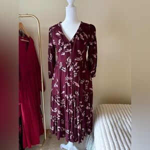 Sonoma Burgundy and Pink Floral 3-4 Sleeve Dress V-Neck